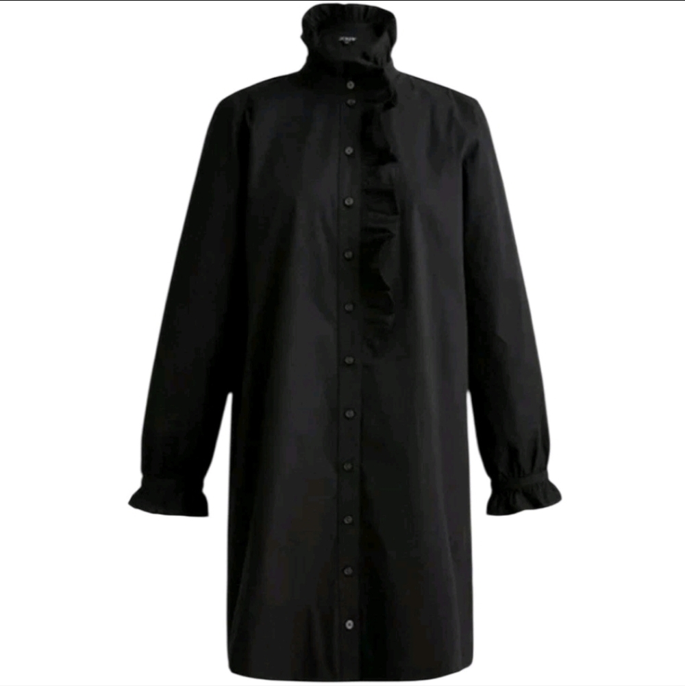 J. Crew Cottage Shirt Dress Button Up Cotton Poplin Ruffle BP840 Black Sz 2